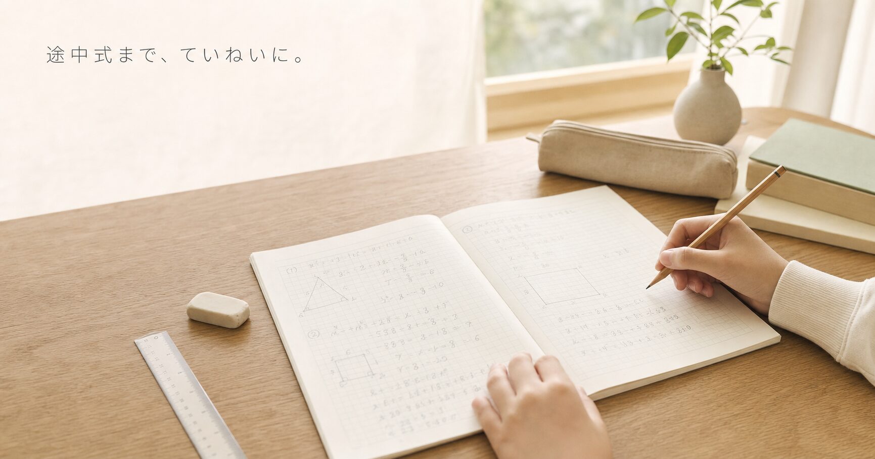 数検3級の二次試験に向けて途中式を丁寧に書く中学生の学習机
