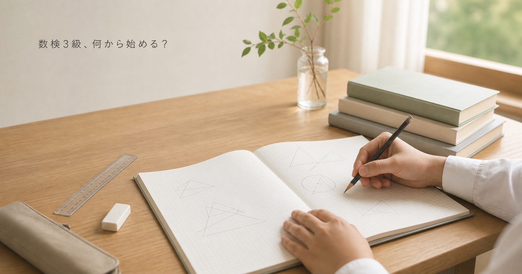 数検3級の独学に取り組む中学生の学習机と数学ノート