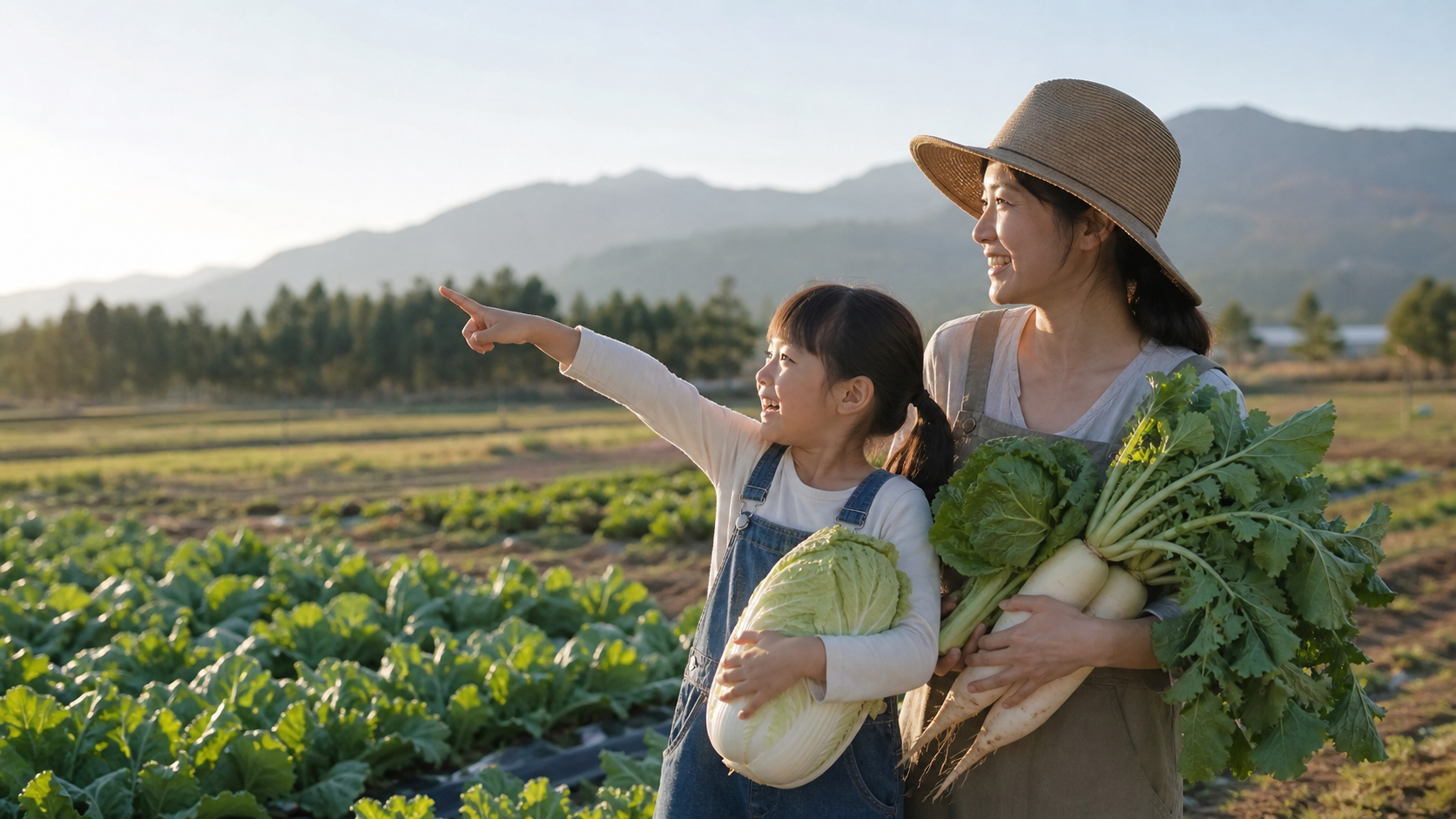 親子で畑の野菜を収穫しながら農業と地理を学ぶ旅行のイメージ