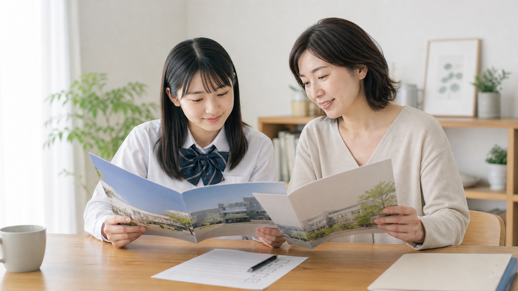 高校受験の併願校を親子で比較している様子