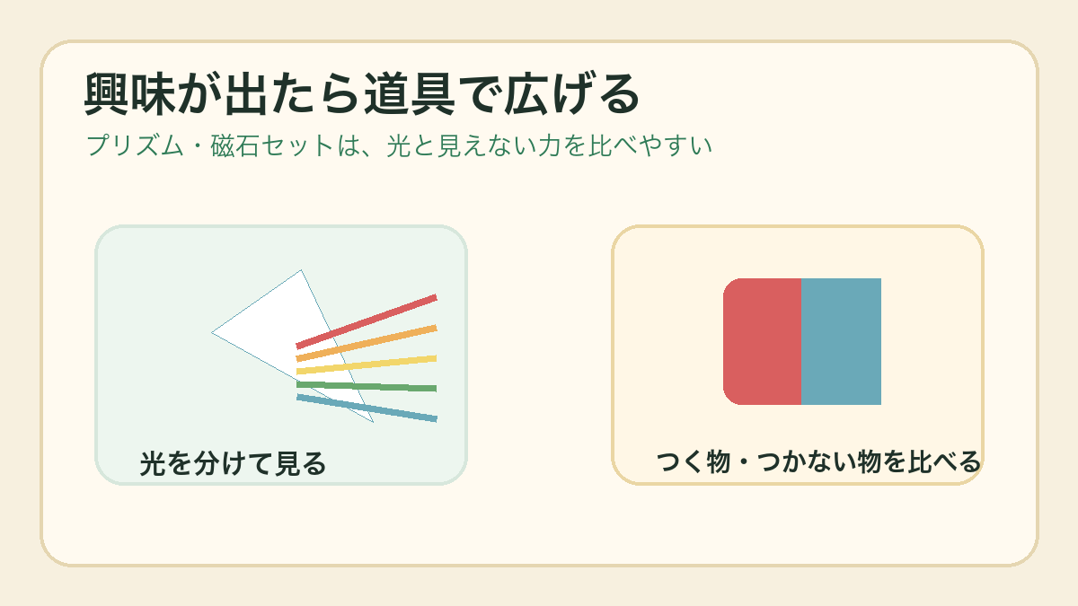 プリズムと磁石セットで光と磁力の観察を広げるイラスト