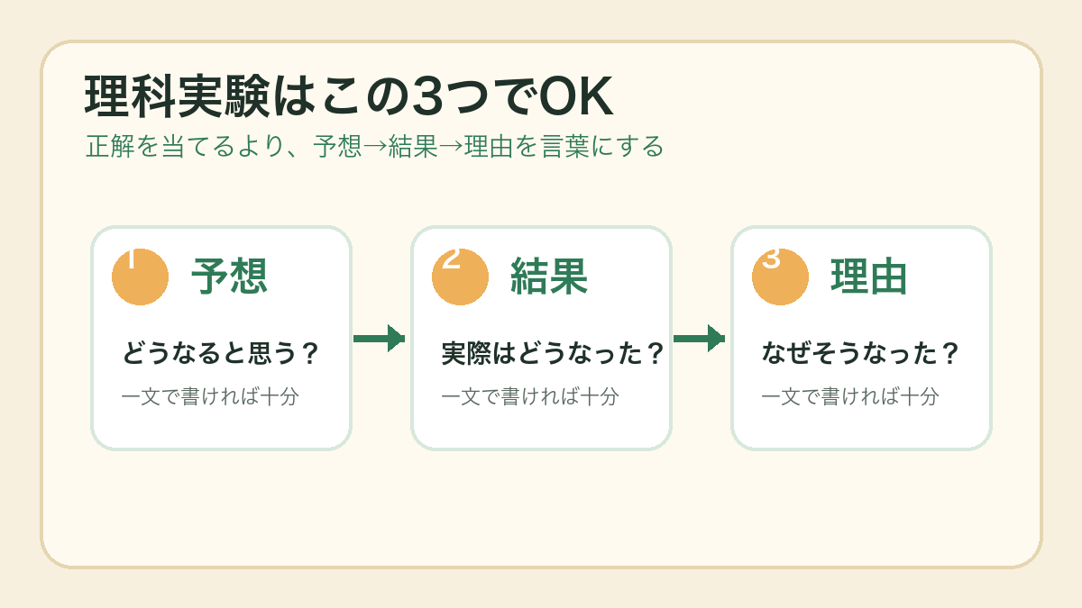 理科実験で大事な予想、結果、理由の3段階を示した図