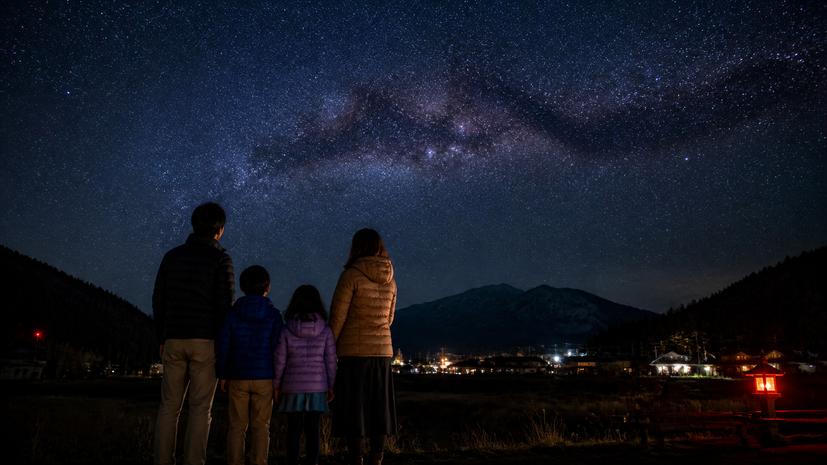 星空を見上げる家族4人の小学生向け学び旅