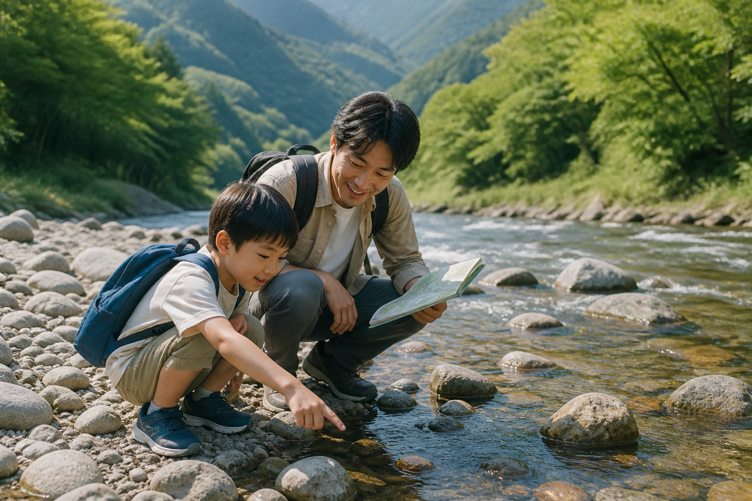 小学生と親が川辺で石や水の流れを観察する学び旅のイメージ