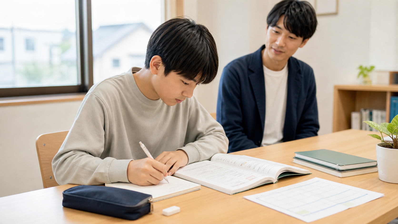 学校ワークとテスト範囲表を見ながら定期テスト前の計画を立てる中学生