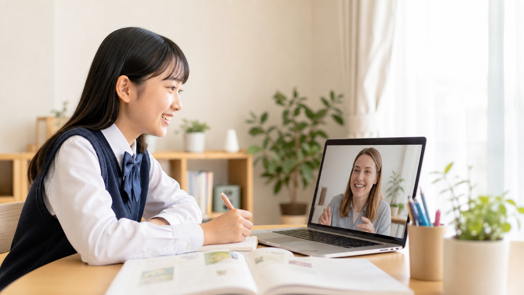 オンラインで白人講師と英検の会話練習をする日本人中学生