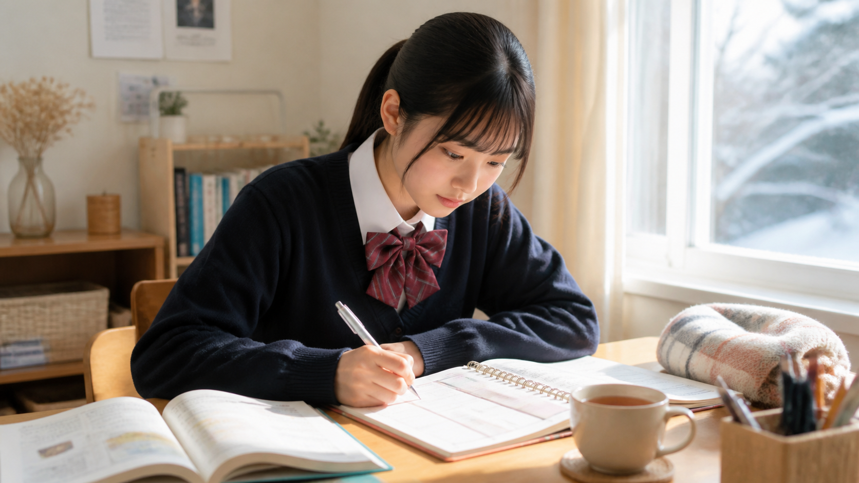冬休みに高校受験の学習計画を立てる中学生