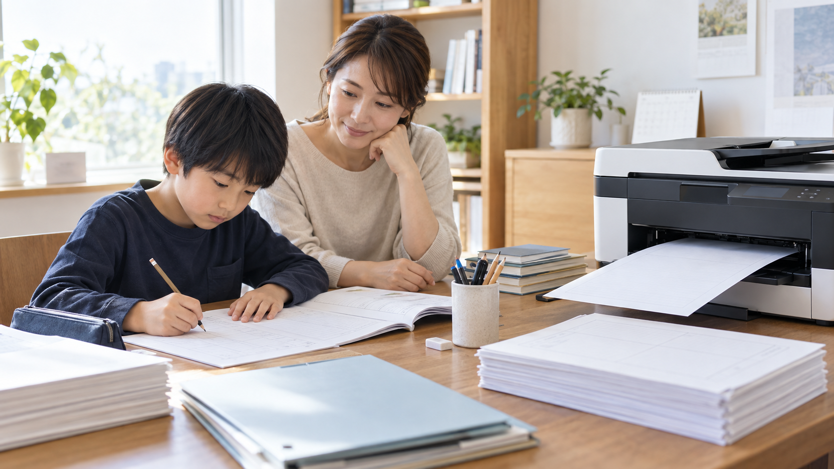 中学受験の過去問コピーを準備する机