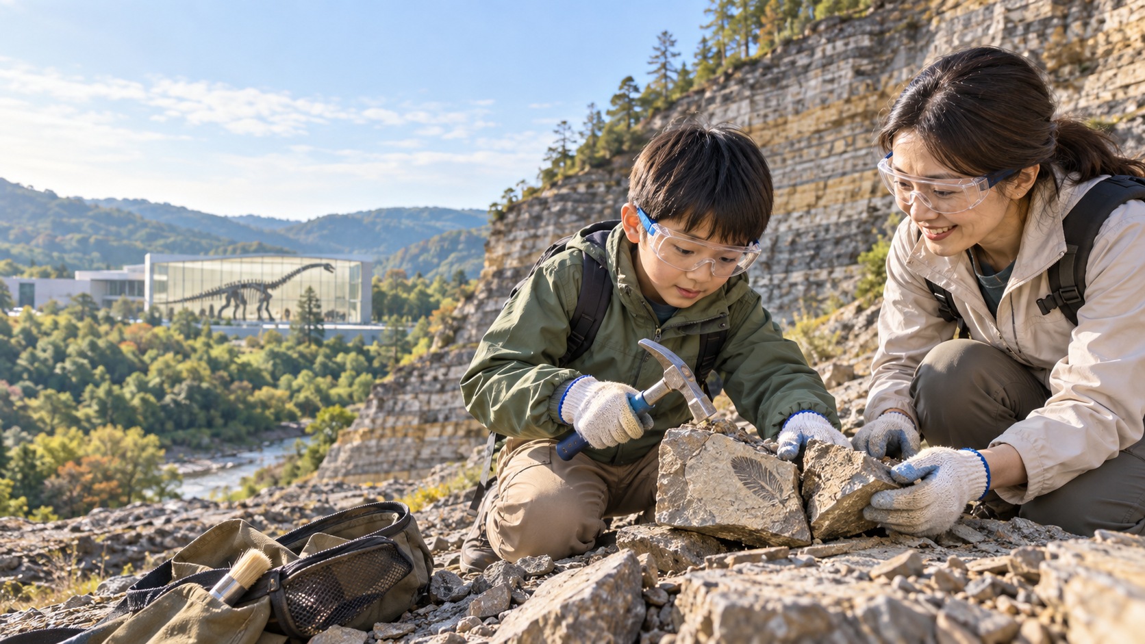 地層のそばで化石発掘に挑戦する小学生と保護者