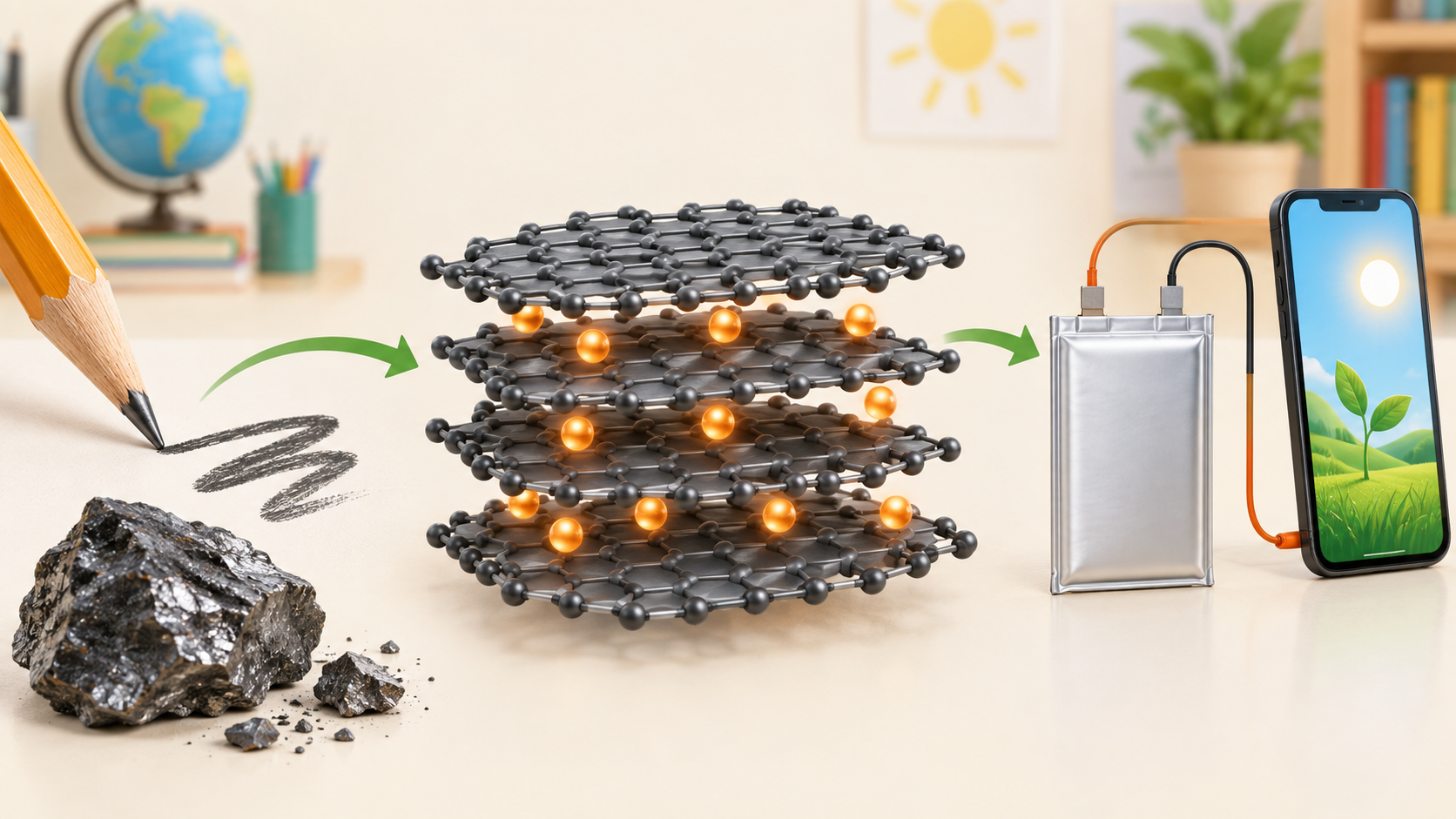 鉛筆の黒鉛と層状の電池用黒鉛とスマートフォン用電池のつながりを示す教育用画像