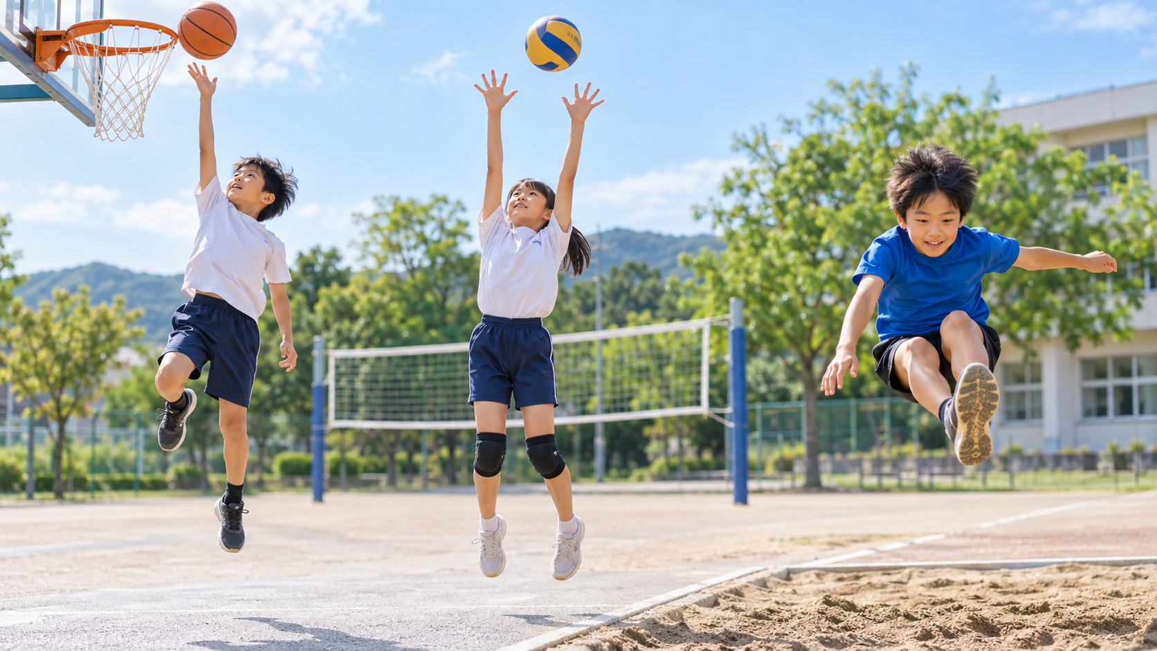 バスケットボール、バレーボール、走り幅跳びでジャンプする小学生