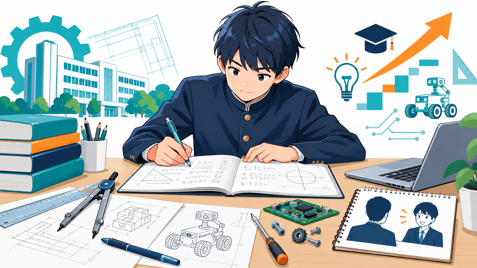 木更津高専の入試対策を考える中学生と数学・工学の学習イメージ