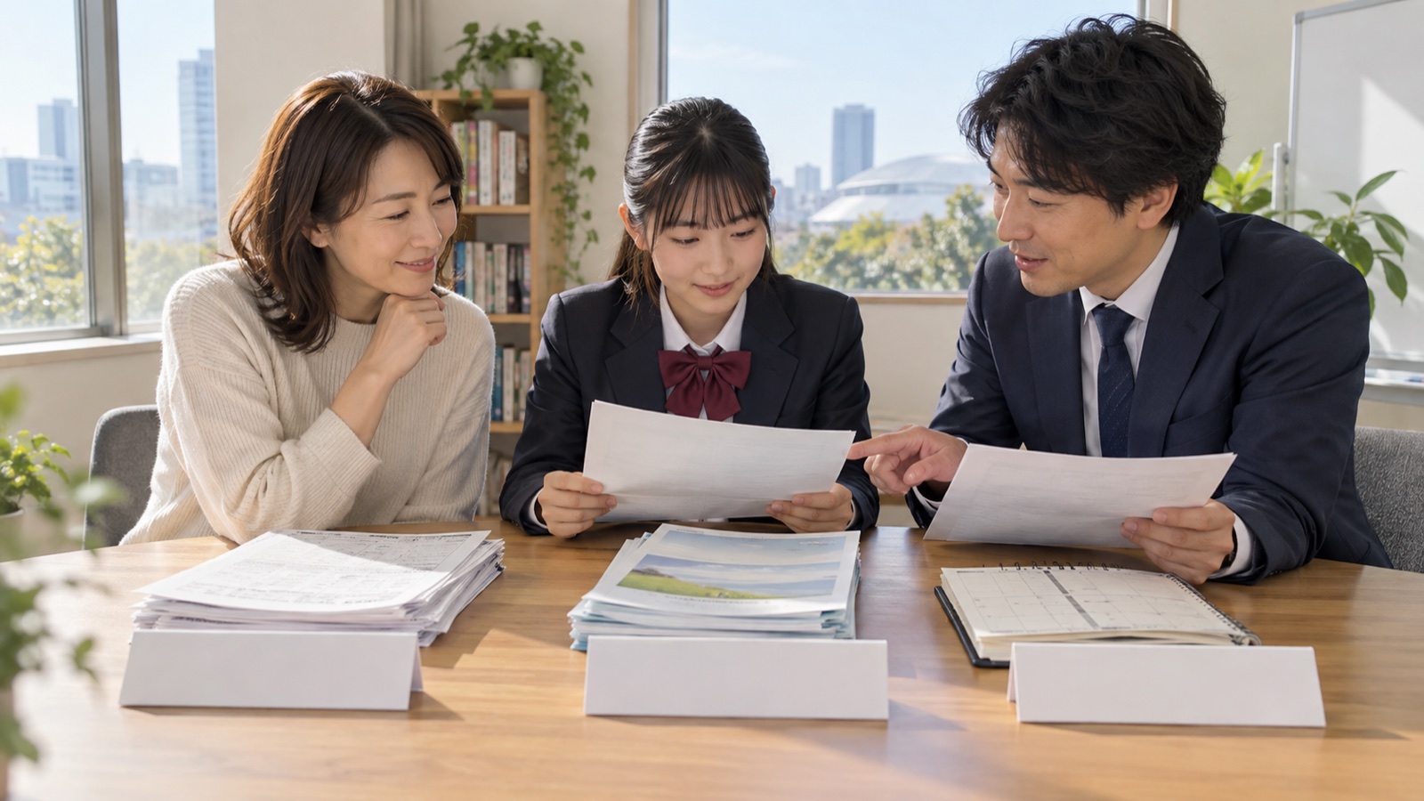 高校生と保護者が講師と学校成績や大学受験の学習計画を確認する様子