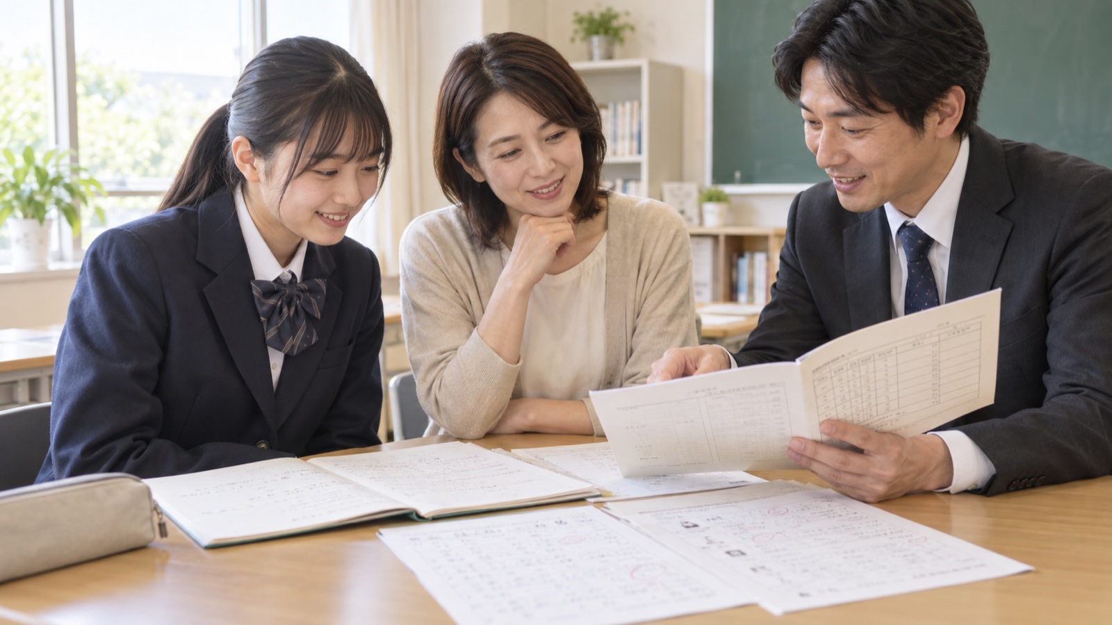 中学生と保護者が講師と通知表や答案を確認する様子