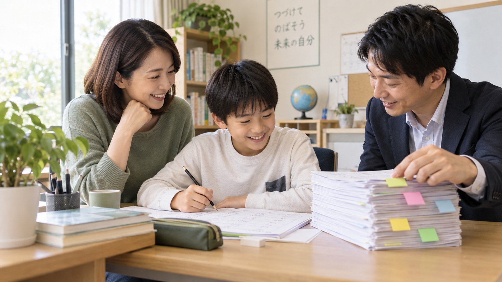 中学受験の大量の教材を親子と個別講師で整理する様子