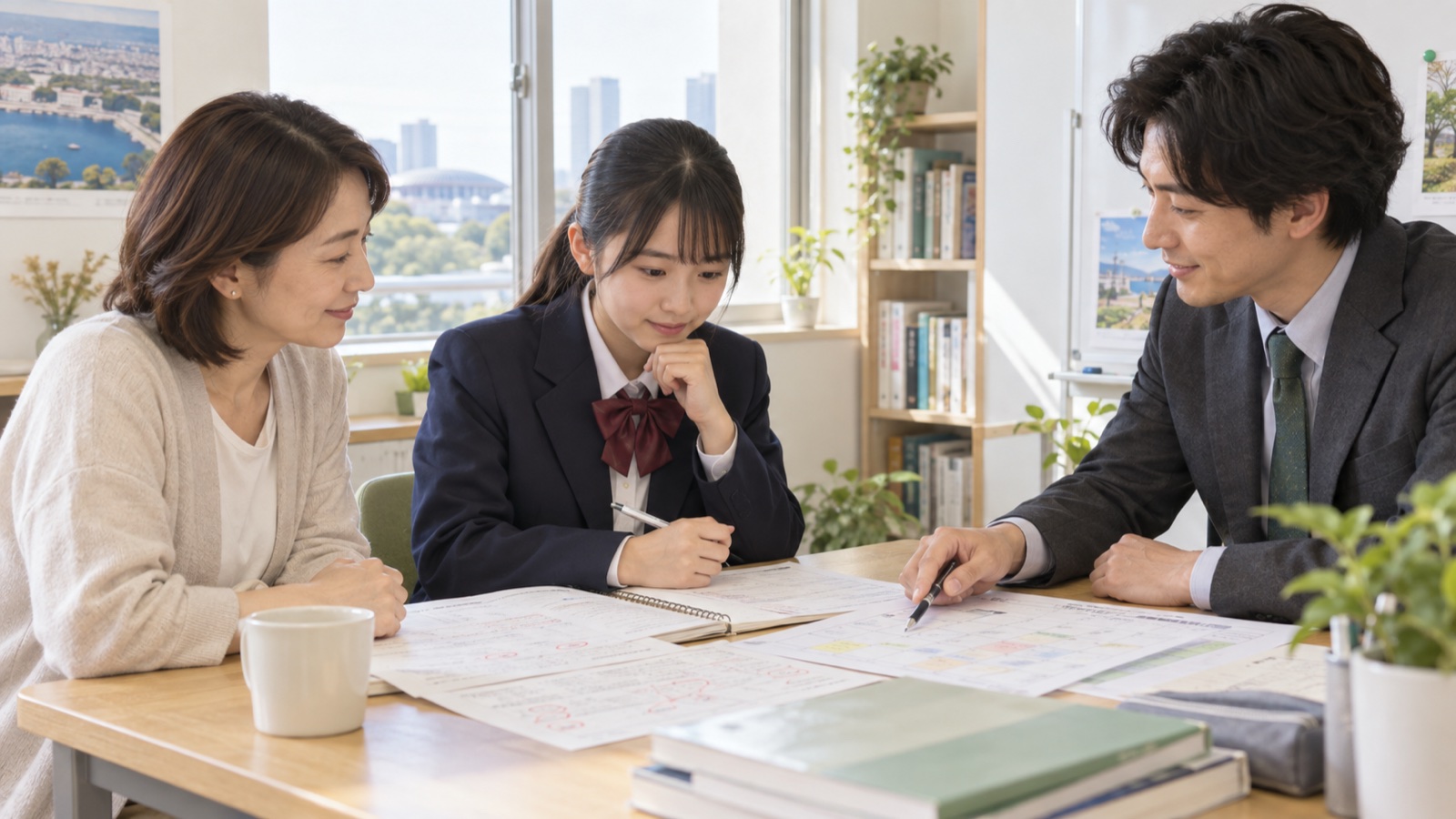 中学3年生と保護者が講師と秋からの高校受験計画を確認する様子