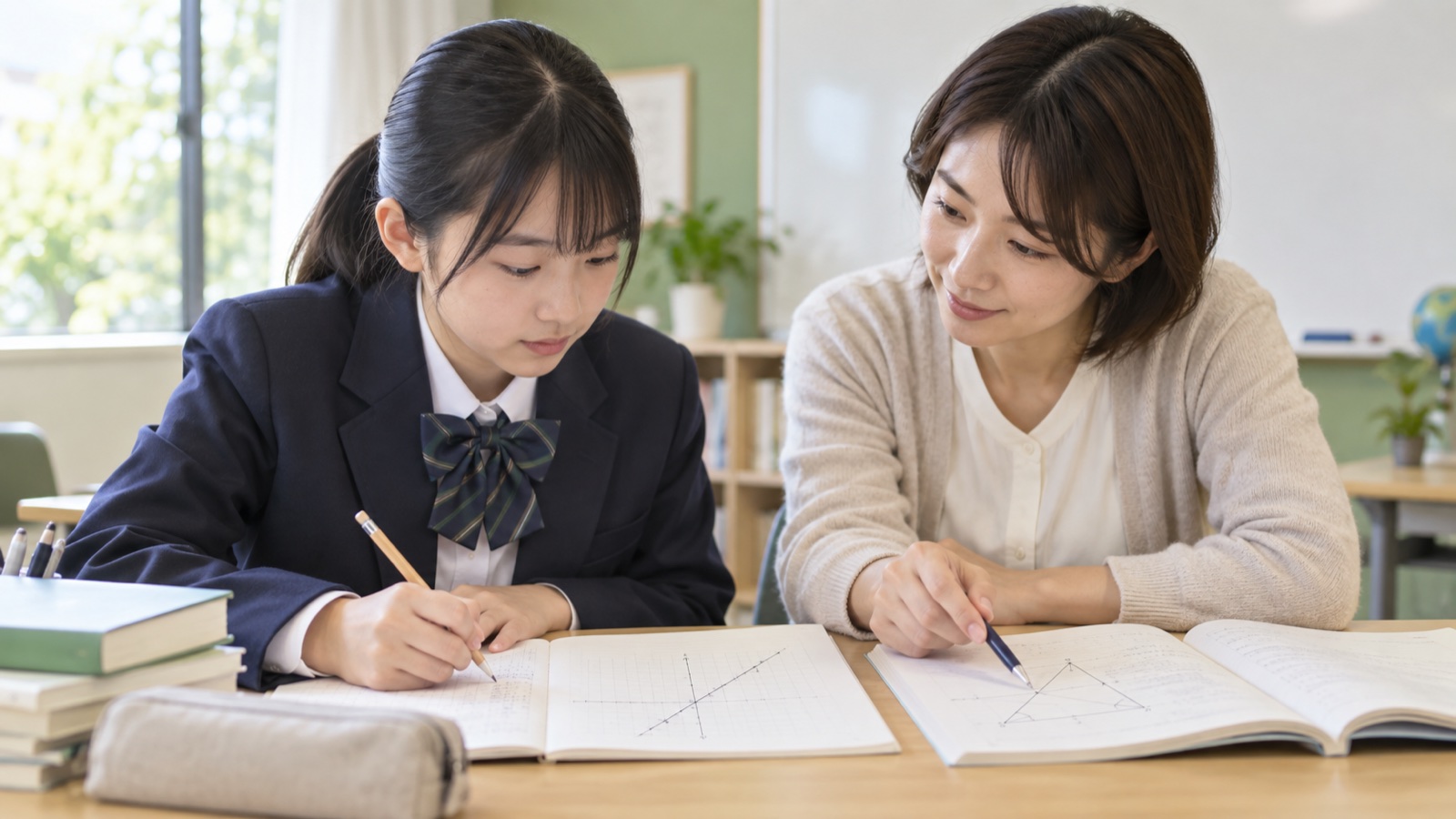 中学二年生が一次関数と図形の証明を講師と解く様子