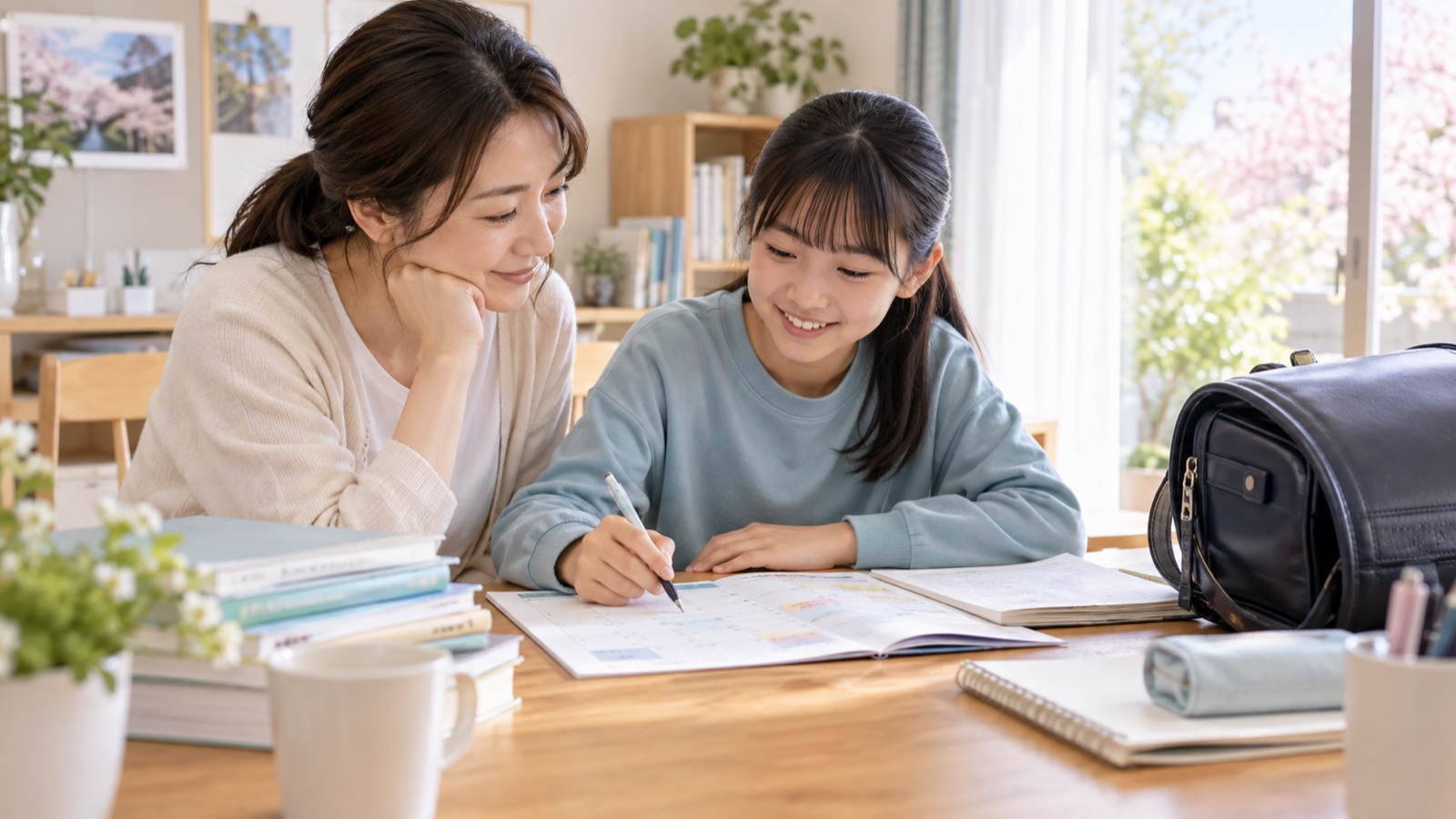 中学校入学前の学習計画を立てる小学生と保護者