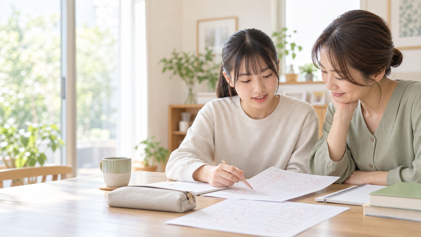 テストの答案を見ながら次の勉強を相談する幕張本郷の親子