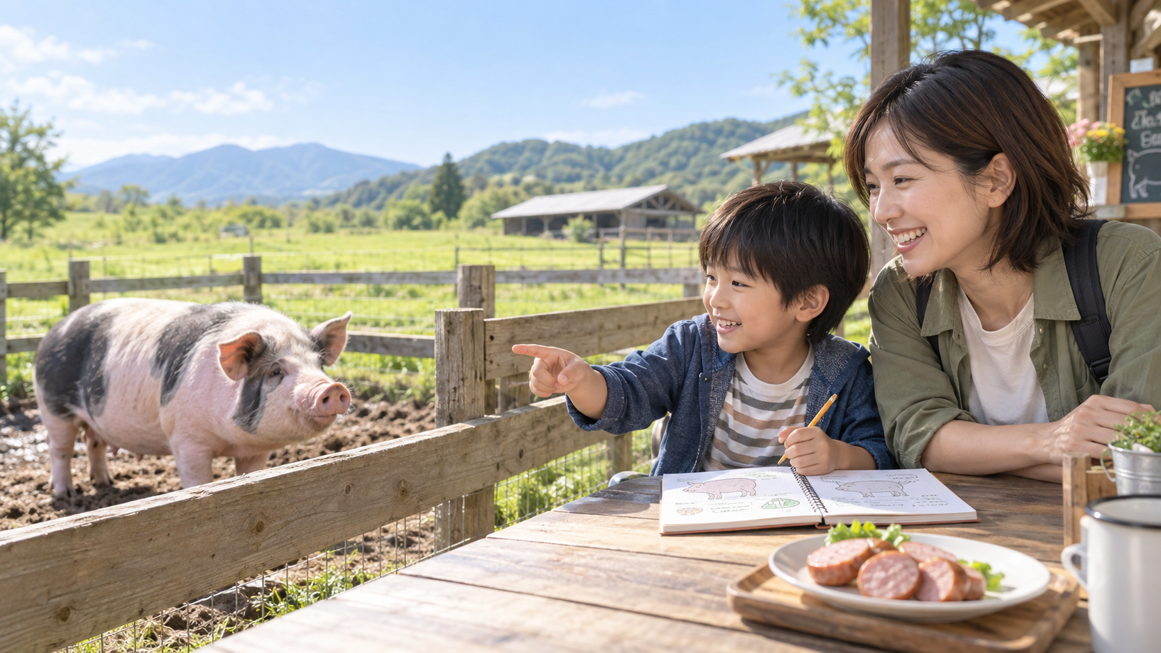 牧場の豚を親子で観察し食卓とのつながりを考える学び旅