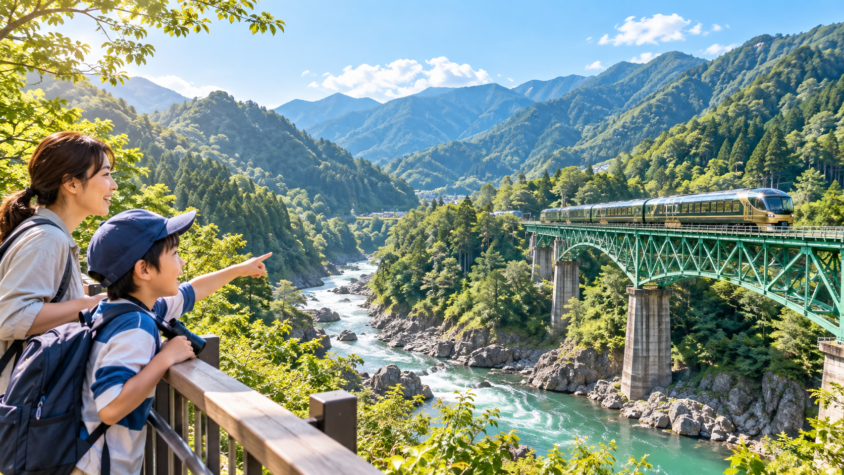 山あいを走る列車を親子で観察する鉄道の学び旅