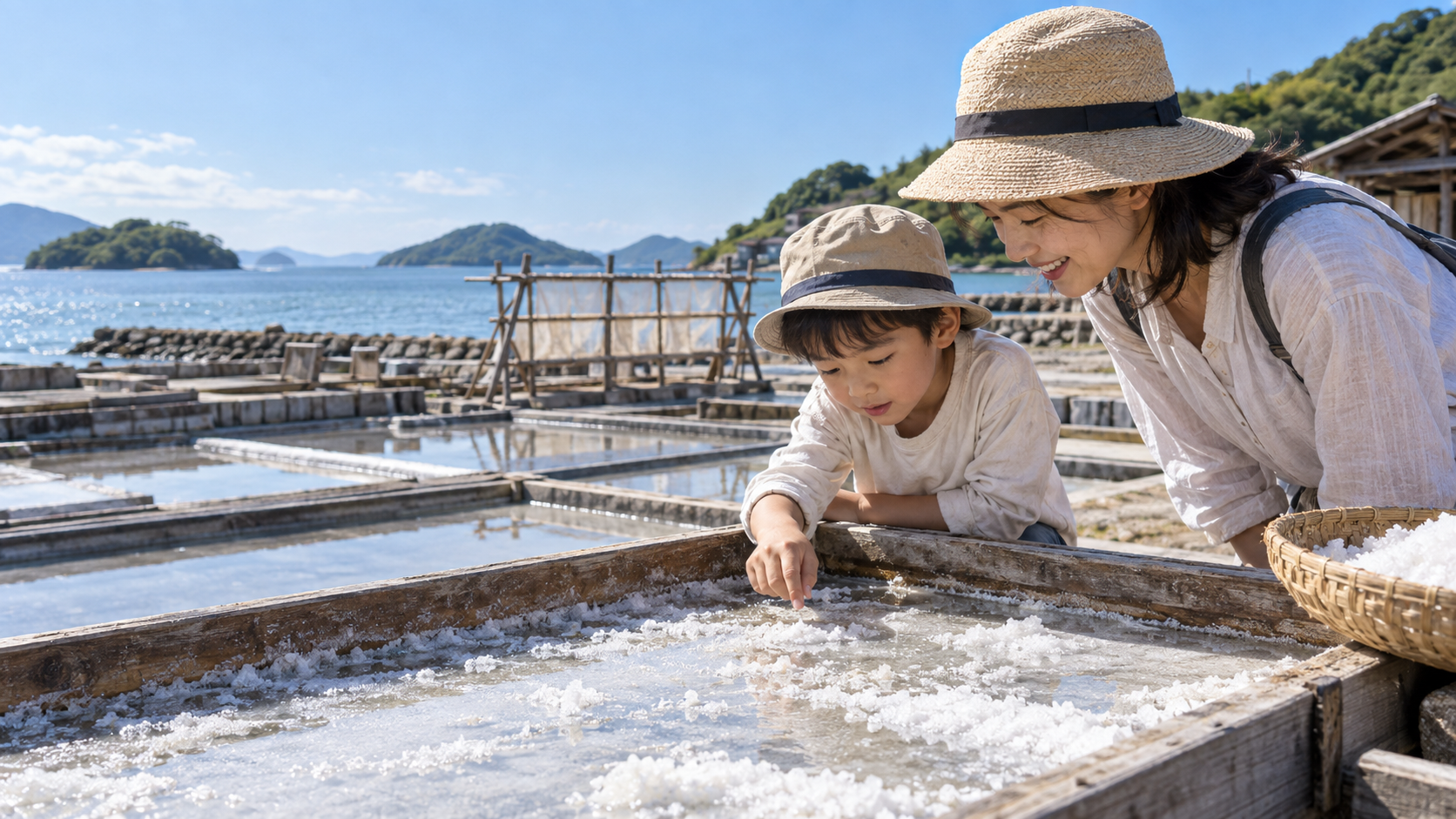 海辺の塩田で親子が塩の結晶を観察する学び旅