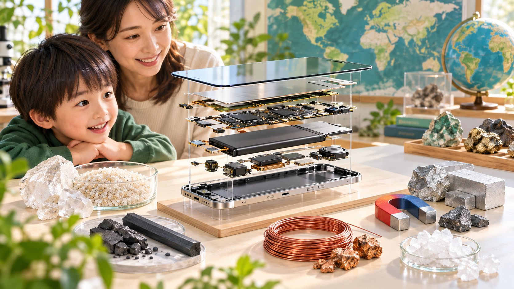 親子が砂・黒鉛・銅・磁石とスマートフォンの部品のつながりを調べる様子