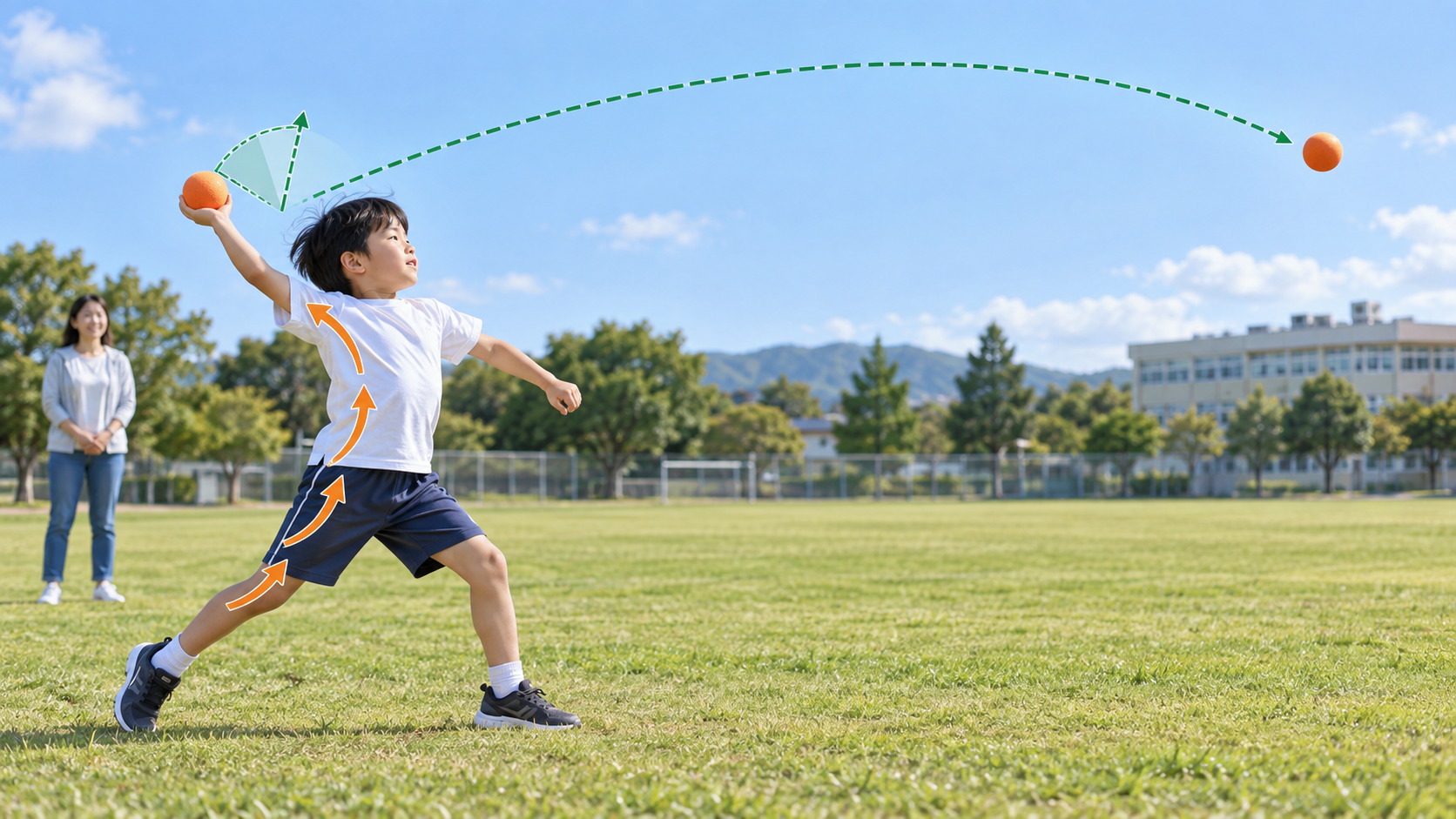ボールを遠くに投げる仕組みを学ぶ小学生