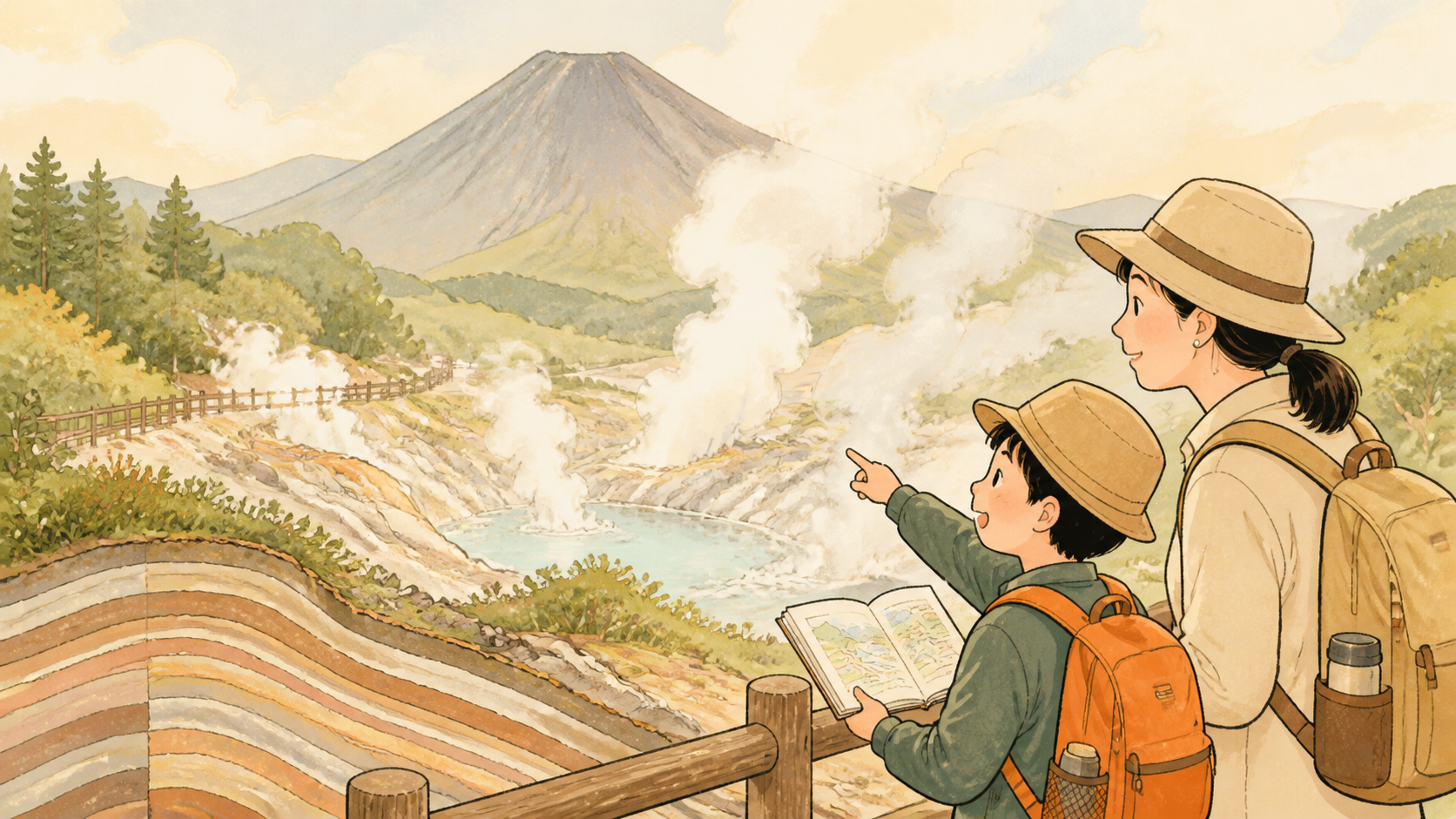 親子で火山と温泉を見ながら中学受験理科を学ぶ旅のイメージ