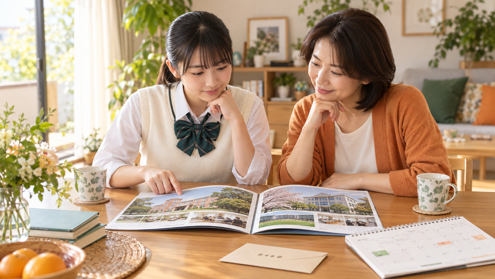 私立高校のパンフレットとカレンダーを見比べる中学生と保護者