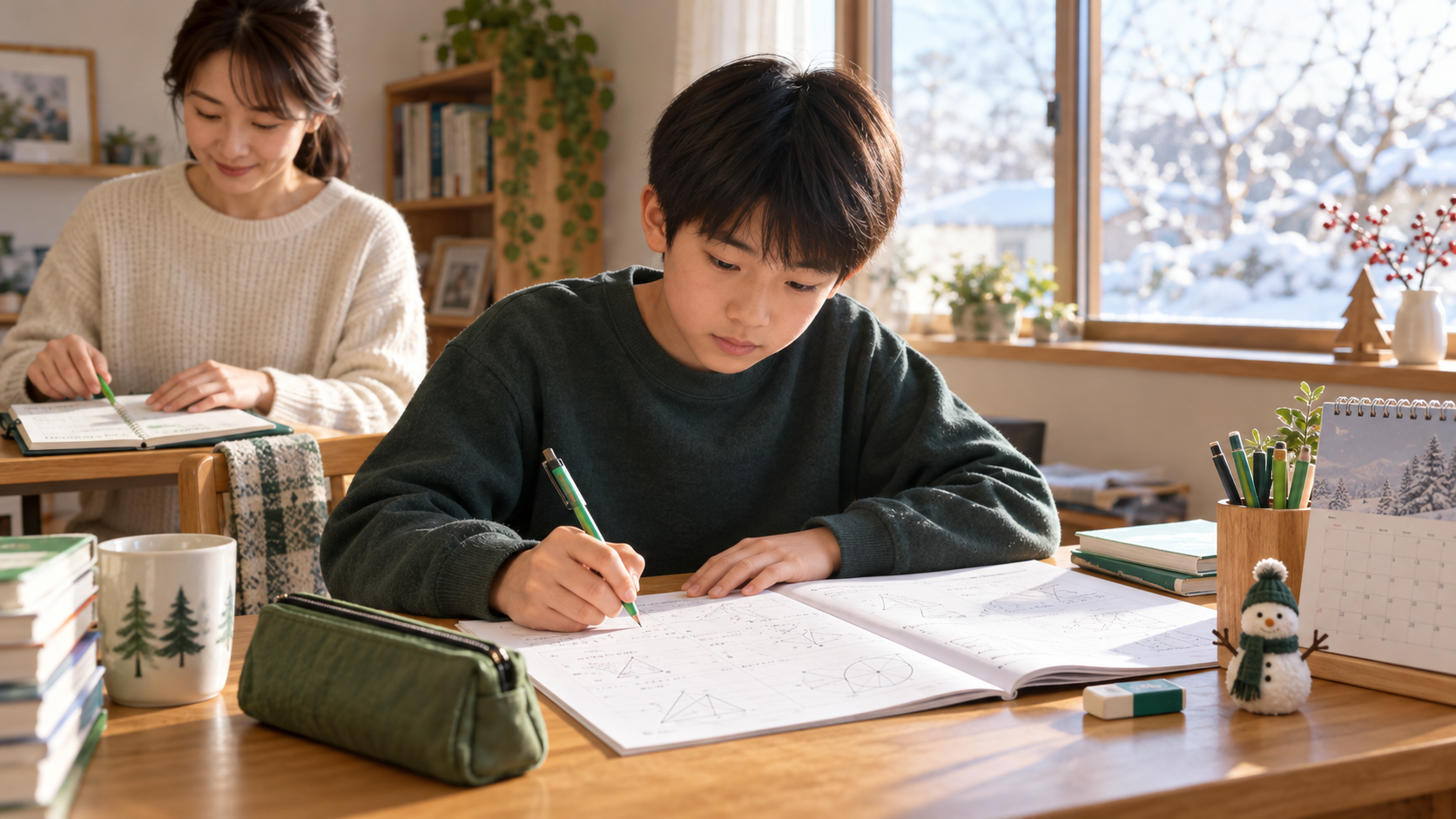 冬の机で中学受験の過去問に取り組む小学生と学習計画を確認する保護者