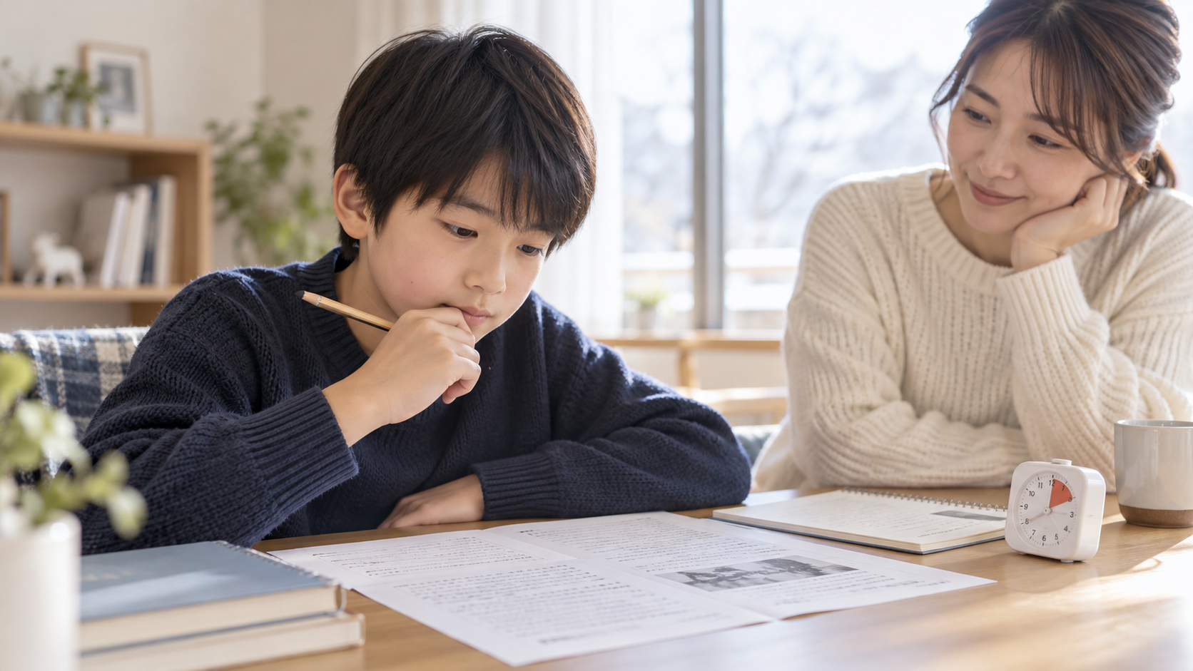 中学受験の国語過去問と時計を前に、時間の使い方を見直す小学生と保護者