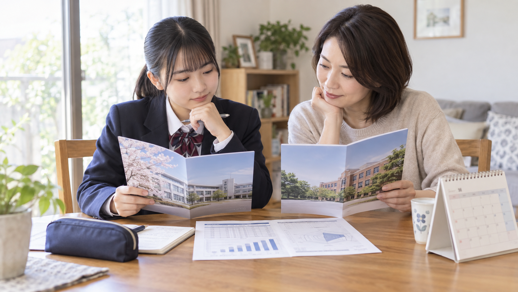 高校のパンフレットと模試の成績表を見比べる中学生と保護者