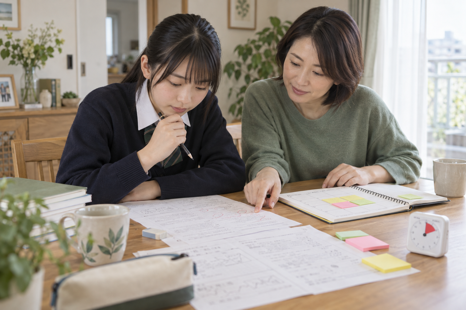 高校受験の過去問の答案を親子で見直す中学生