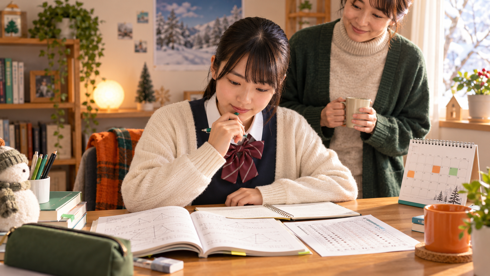 冬休みの高校受験勉強を計画する中学3年生と保護者
