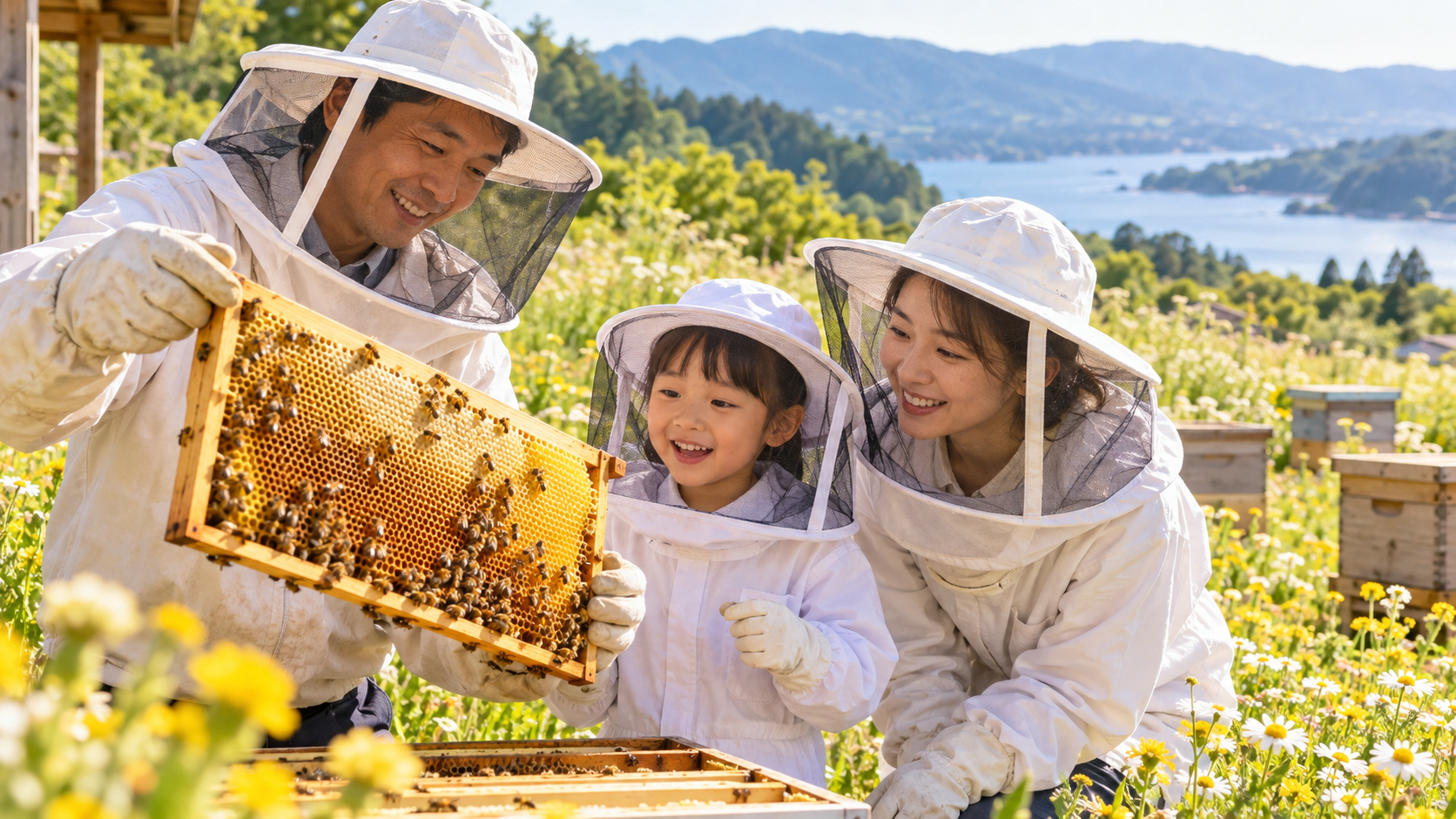 防護網を着けてミツバチの巣枠を観察する日本人の親子