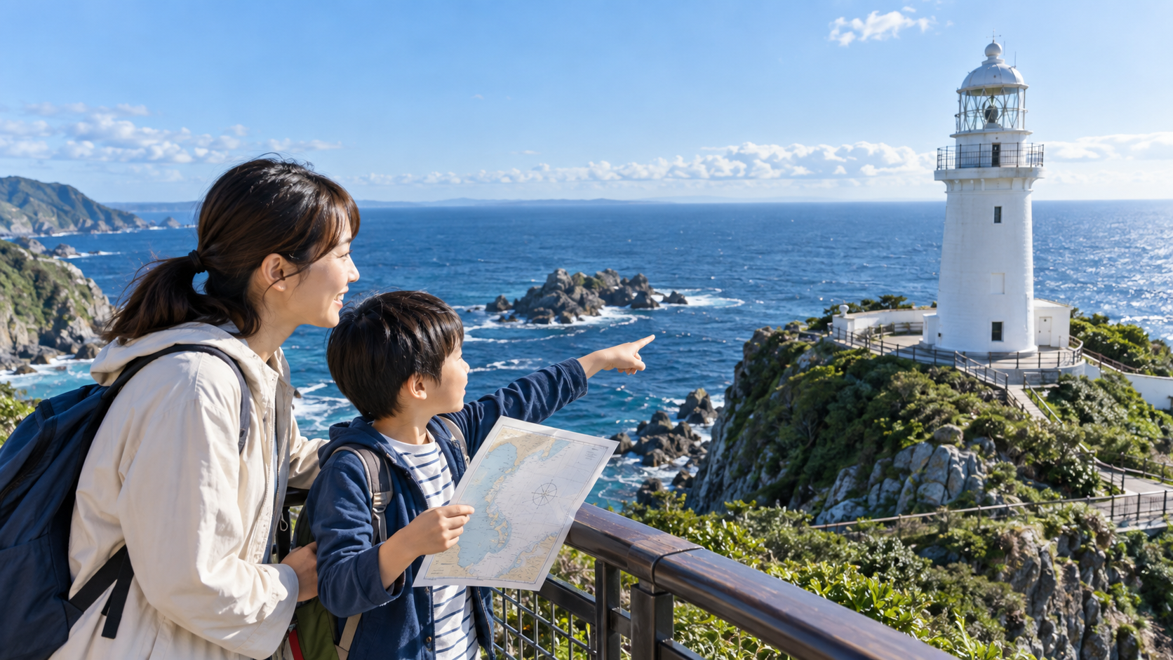白い灯台の前で海図を広げ、光と航海について学ぶ親子