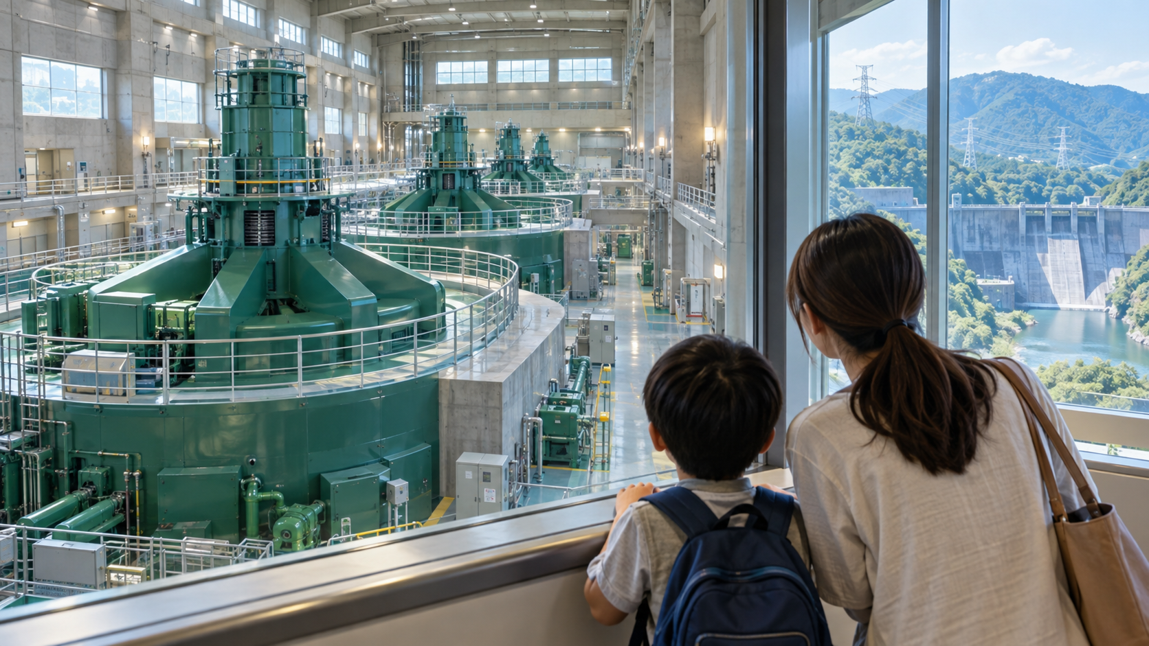 巨大な水力発電機と送電線を見ながら電気の旅を学ぶ親子