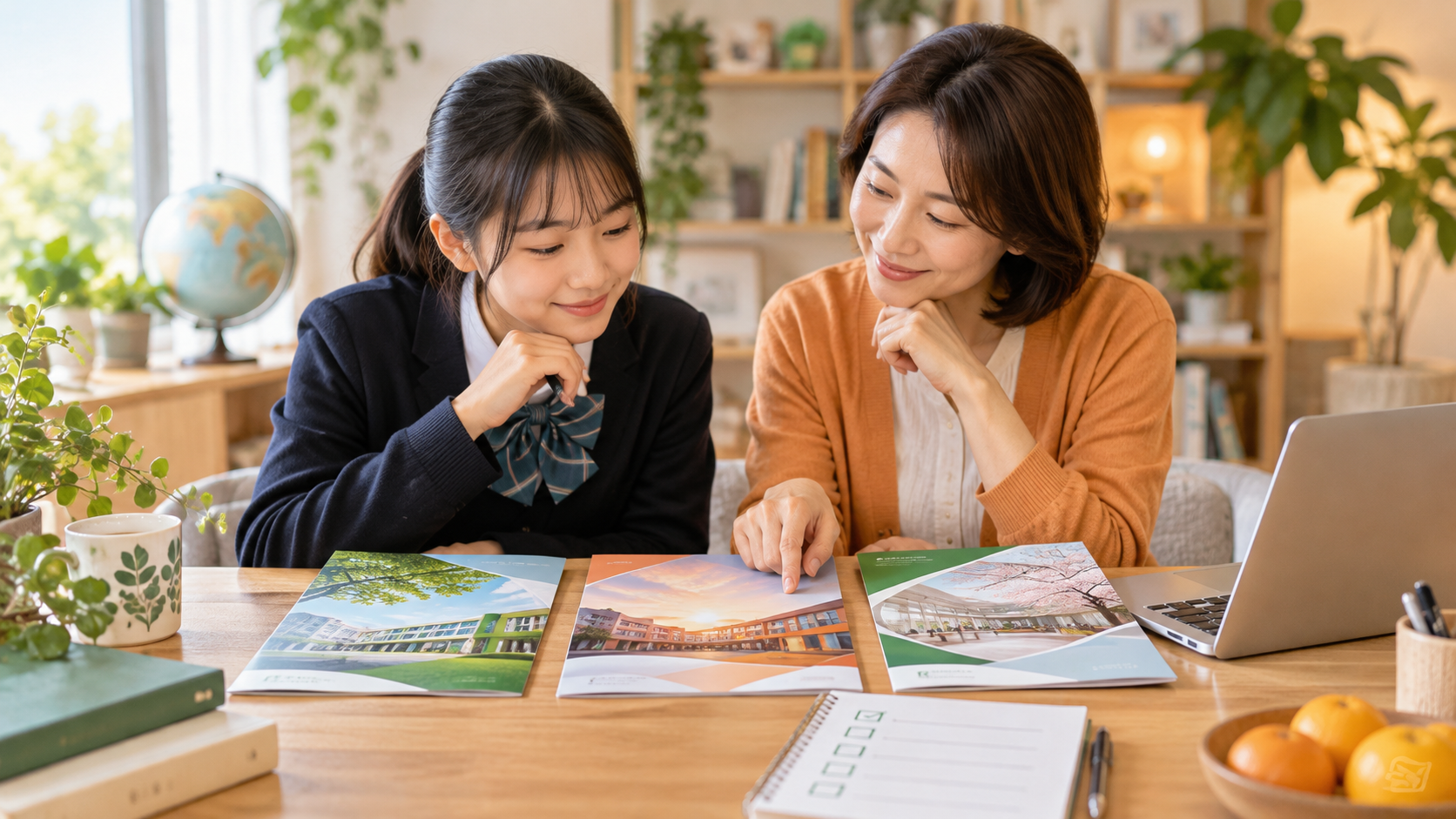 三校分の学校案内を比べる中学生と保護者